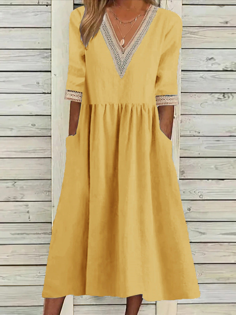 👗 Ženska midi obleka iz bombaža in lana s čipkastim ovratnikom.