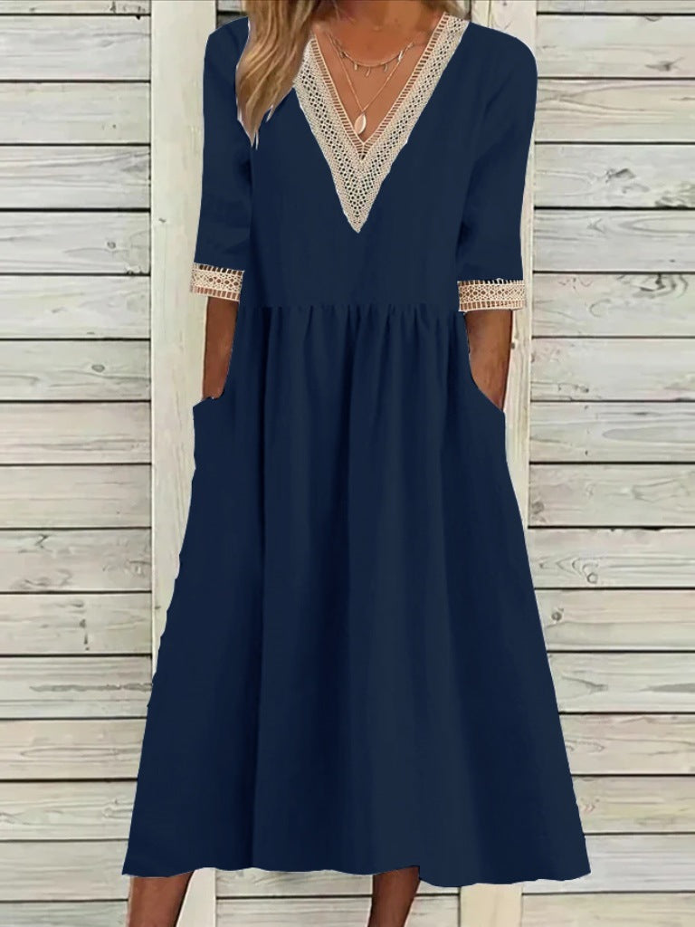 👗 Ženska midi obleka iz bombaža in lana s čipkastim ovratnikom.