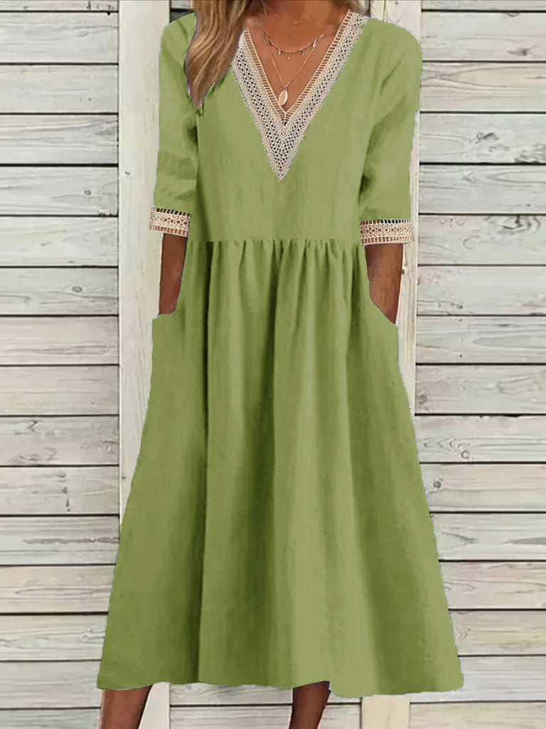 👗 Ženska midi obleka iz bombaža in lana s čipkastim ovratnikom.