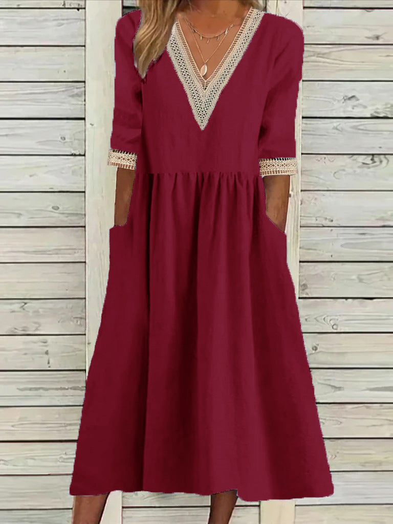👗 Ženska midi obleka iz bombaža in lana s čipkastim ovratnikom.
