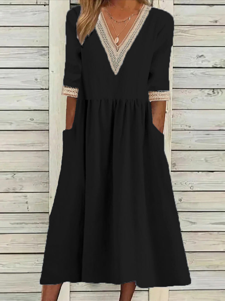 👗 Ženska midi obleka iz bombaža in lana s čipkastim ovratnikom.
