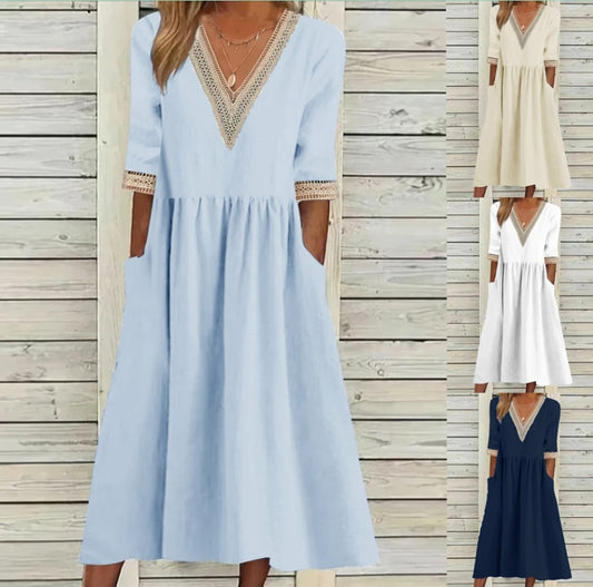 👗 Ženska midi obleka iz bombaža in lana s čipkastim ovratnikom.