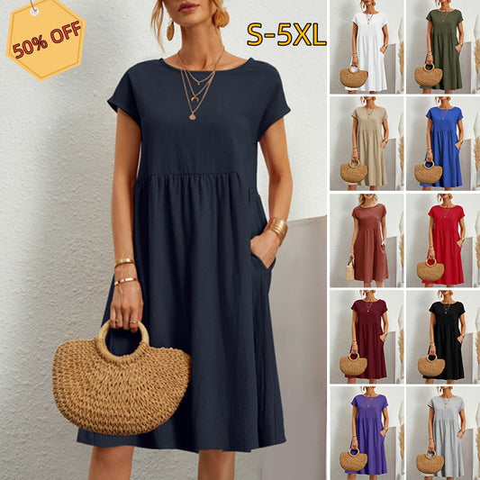 👗😘【S-5XL】 Pomladna obleka z okroglim izrezom za leto 2025 iz bombaža in lana.