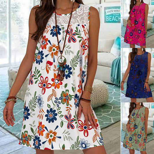 🌸【S-5XL】Poletna potiskana obleka brez rokavov z okroglim izrezom