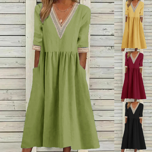 👗 Ženska midi obleka iz bombaža in lana s čipkastim ovratnikom.